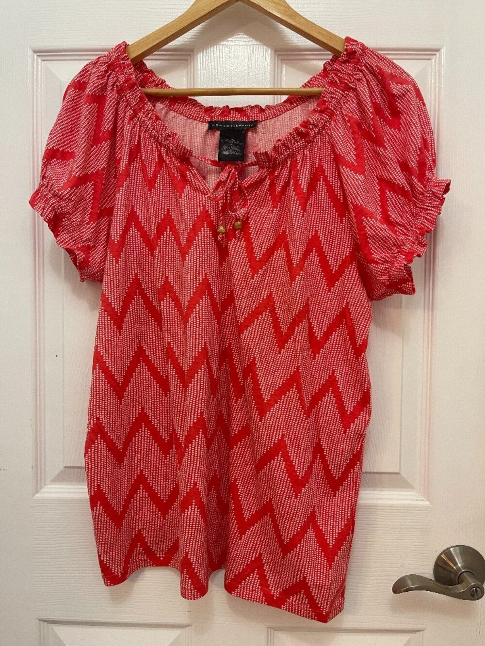 Grace Elements Coral Red Chevron Zig Zag Cotton Blouse Top XL